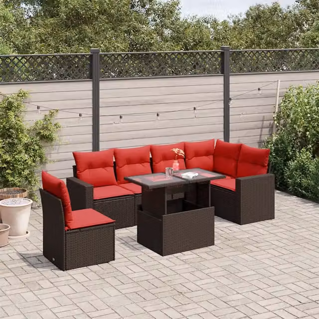 Set Divani da Giardino 7 pz con Cuscini Marrone in Polyrattan 3267314