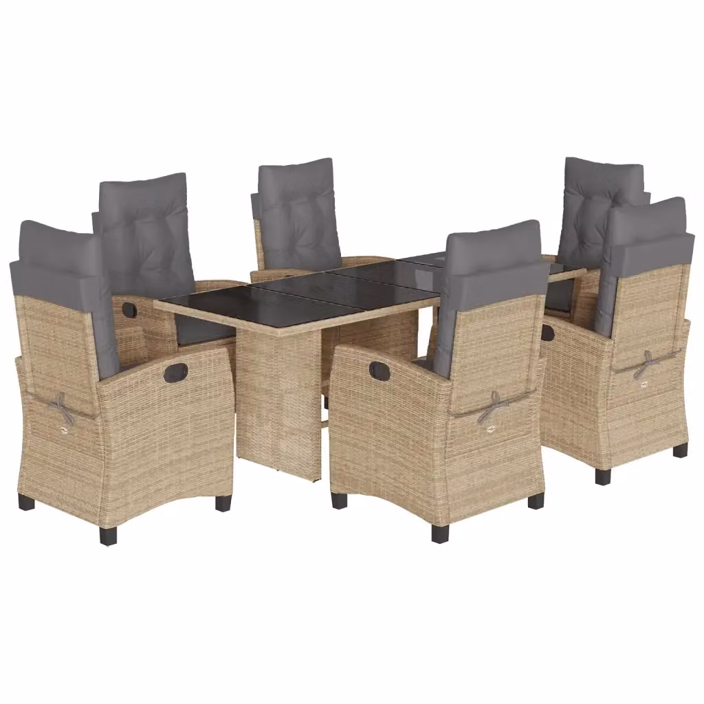 Set da pranzo da giardino vidaXL in polyrattan con cuscini beige e grigio e tavolo in vetro, 7 pezzi – 2
