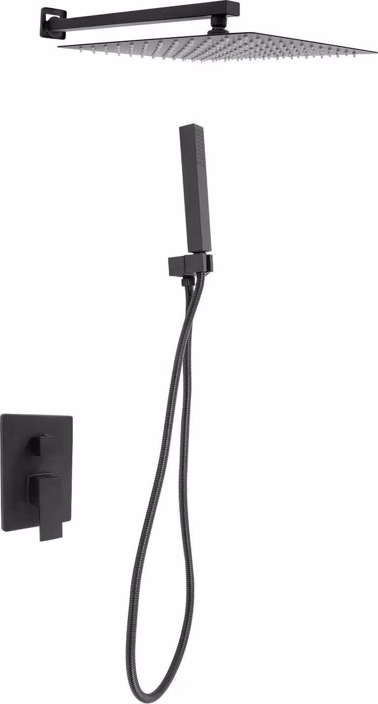 Set doccia - Sistema doccia incassato con soffione a pioggia - Soffione e doccetta - Piastra in acciaio inox - Montaggio nascosto - Nero