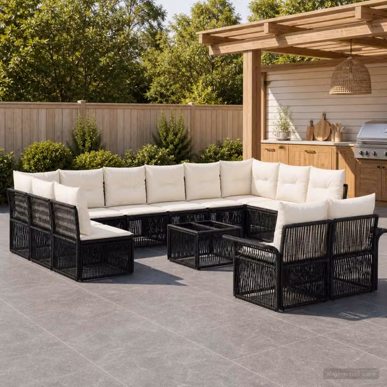 Set Divano da Giardino vidaXL 13 pz a forma a U in Polyrattan Nero con Tavolino e Cuscini Imbottiti