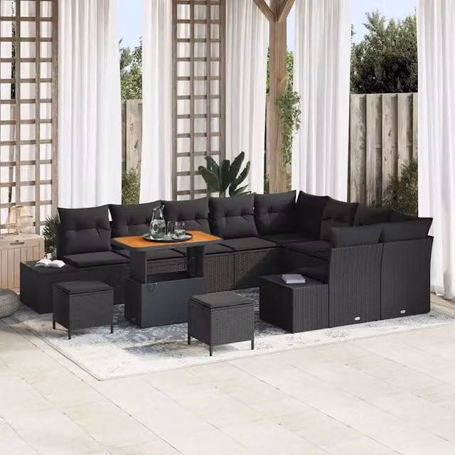 Set Divano da Giardino Moderno vidaXL in Rattan e Legno di Acacia Nero 12 Posti – 1