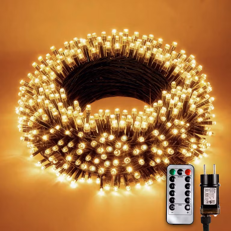 Catena luminosa a LED da 30 metri, con 300 LED bianco caldo, timer, grado di protezione IP65, 8 modalità