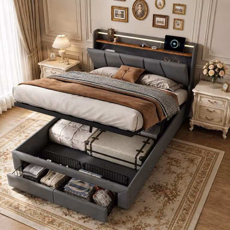 Letto matrimoniale con boxspring INONEFT, 140x200 cm, con sistema di sollevamento idraulico e due cassetti, imbottito, con luci LED e prese USB, ideale per ragazzi, rivestito in lino, colore grigio scuro