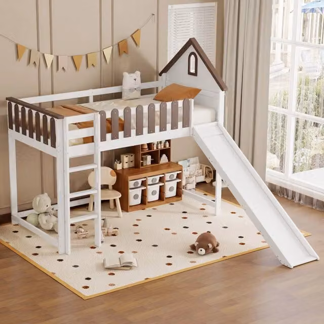 Letto a soppalco REDOM per bambini con scivolo e scala a 3 gradini, in pino e MDF, Bianco e Noce, L/P/H: 200 x 90 x 130 cm