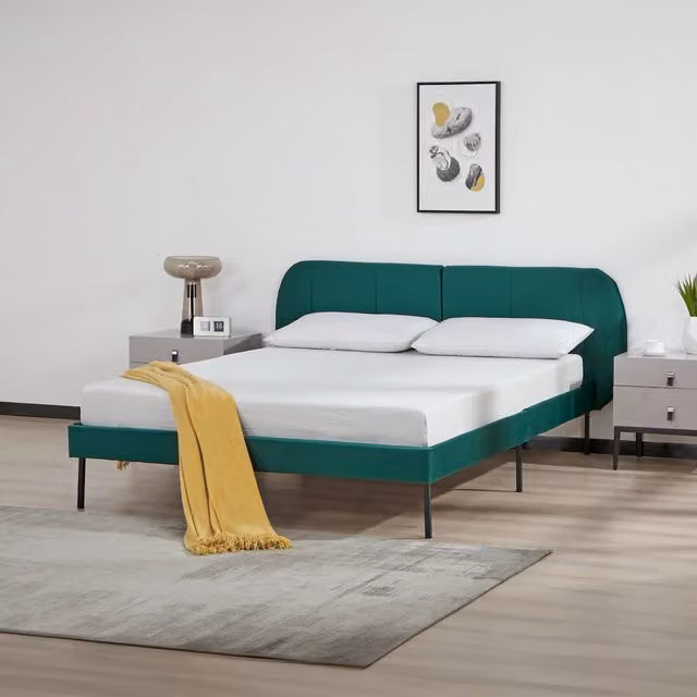 Letto Francese Porvoo en.casa con Testiera Imbottita in Velluto Verde Scuro L/P/H: 140 x 200 cm