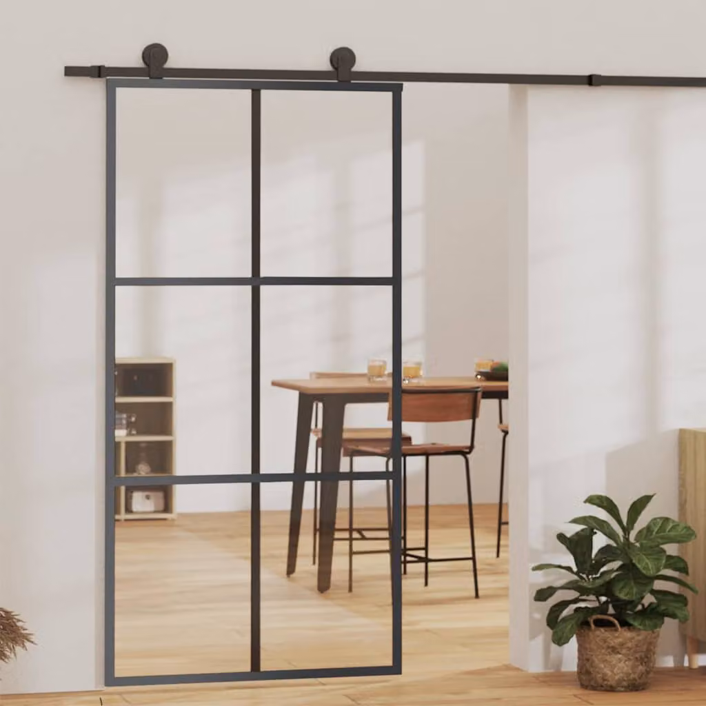Porta Scorrevole vidaXL in Alluminio e Vetro Trasparente con Kit di Montaggio, Colore Nero, L: 102 cm, H: 205 cm