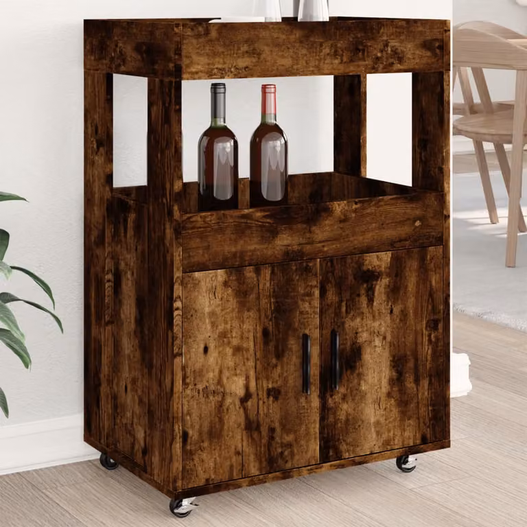 vidaXL Carrello Bar in Legno Multistrato Rovere Fumo con Ruote L 60 x P 39,5 x H 89 cm