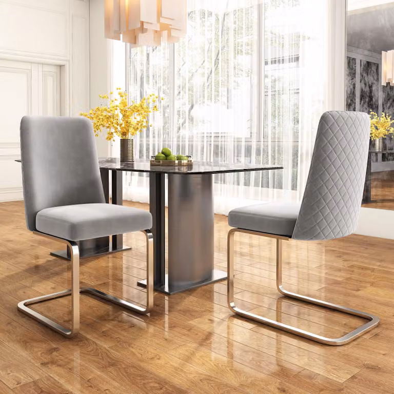 Sedia da pranzo in velluto Sweiko, set di 2, lussuosa, per soggiorno, camera da letto, poltrona lounge, design dello schienale a diamante, con gambe di supporto in metallo argentato, grigio