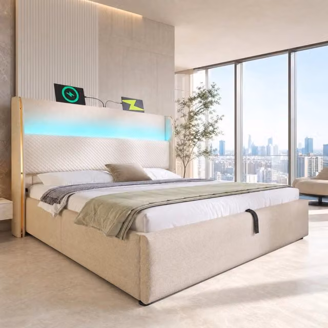 Letto contenitore 140x200 beige con LED, USB e Type-C