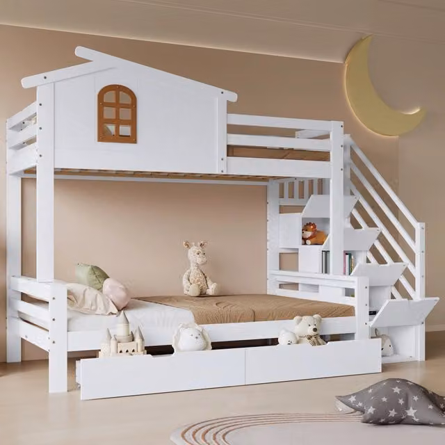 Letto a castello WISHDOR per bambini in legno e MDF bianco con 2 cassetti, struttura a casetta e scala angolare, L/P/H: 200 x 90 x 193,5 cm