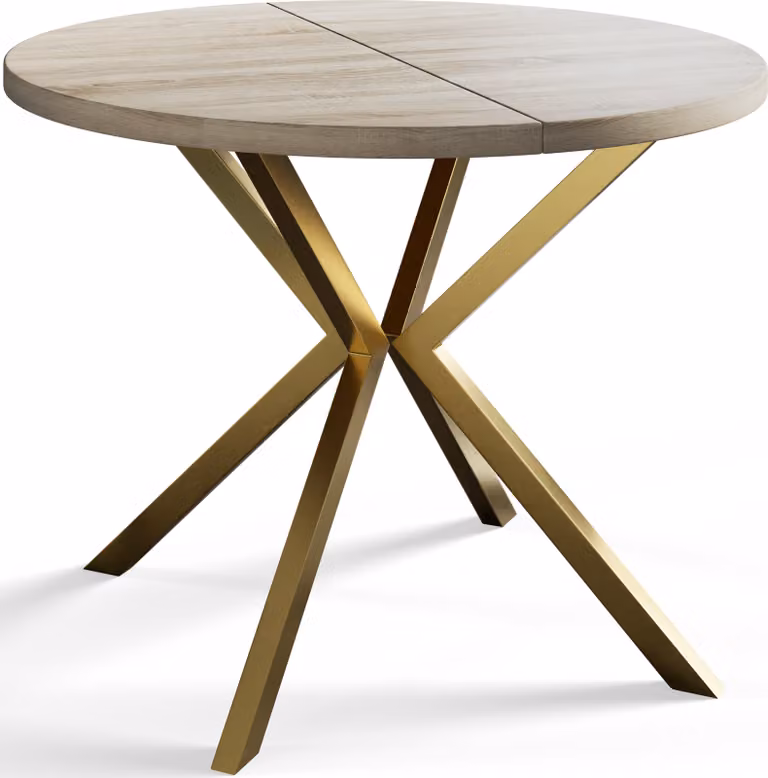Tavolo rotondo per sala da pranzo LOFT LITE, diametro tavolo allungabile: 90 cm/170 cm, colore tavolo da soggiorno: beige, con gambe in metallo color oro