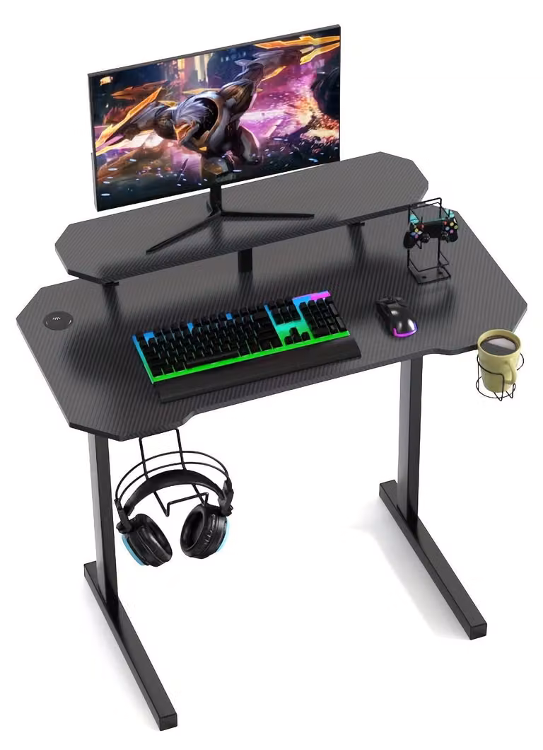 Scrivania da gaming con piano in fibra di carbonio – 100x55x74 cm – include supporto per monitor, portabicchieri e supporto per cuffie