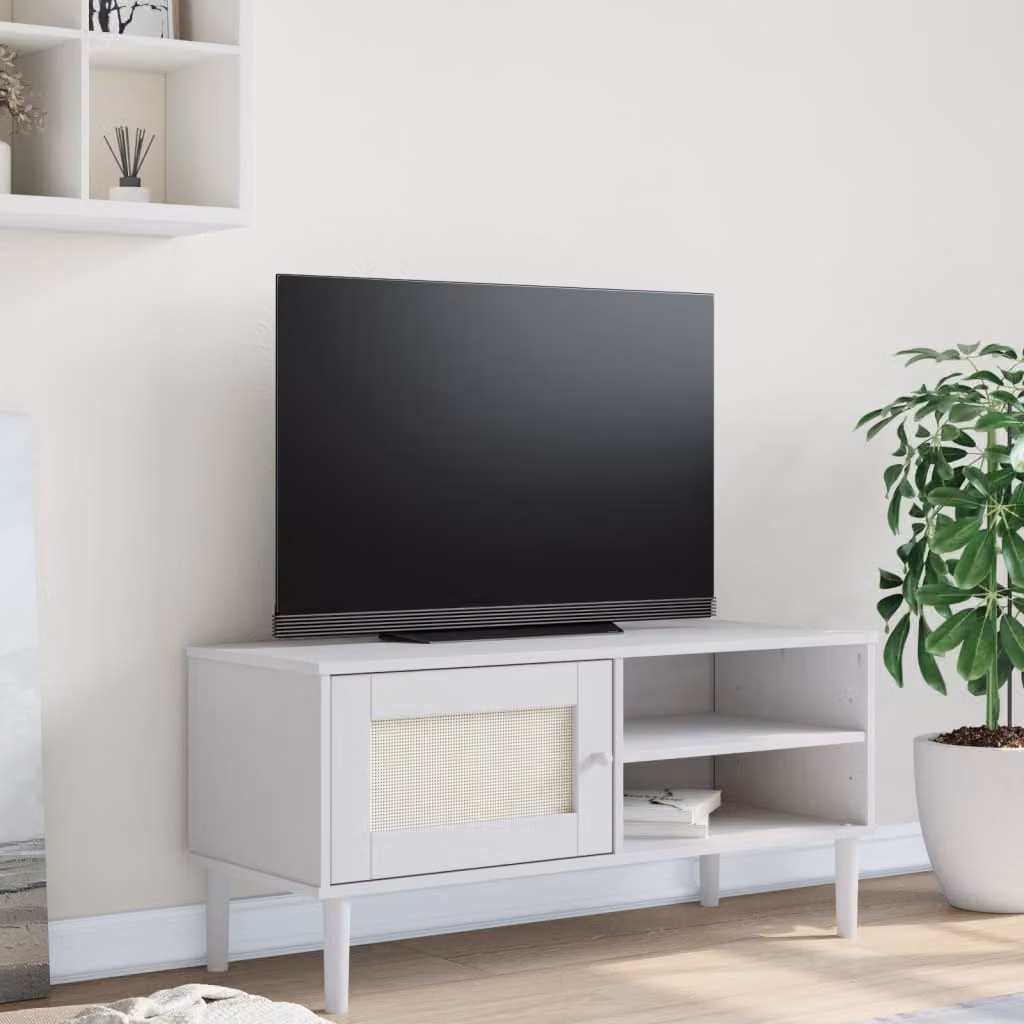 Mobile TV vidaXL SENJA in legno di pino massello con aspetto rattan bianco, L 106 x P 40 x H 49 cm