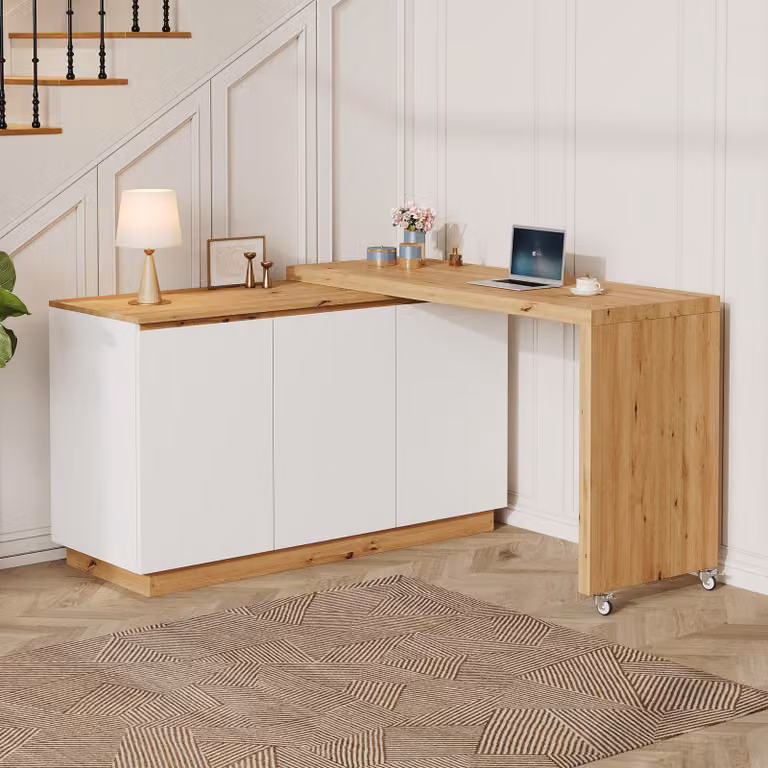 Scrivania angolare Merax, con piano rotante, ruote bloccabili, design 2-in-1, adatta come scrivania, mobile contenitore o tavolo da lavoro, colore bianco/noce