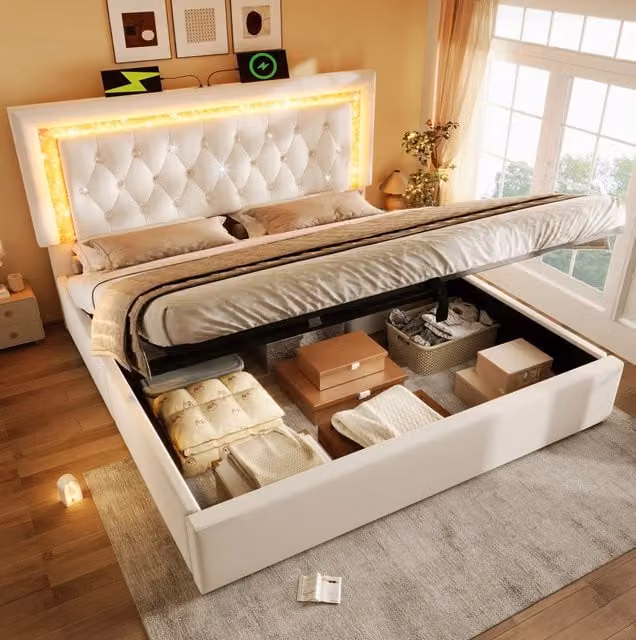 Letto matrimoniale MODFU in velluto beige con contenitore, testiera regolabile, illuminazione LED e porta USB, L/P: 180 x 200 cm – 1