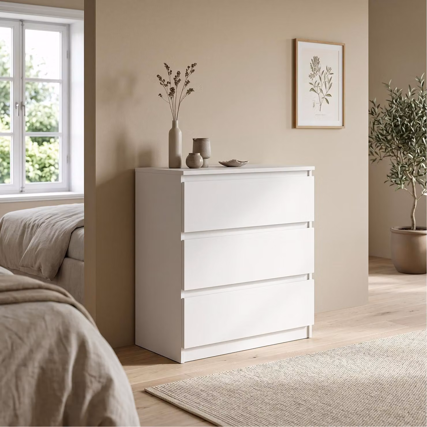 Comodà Masseno NUDO da 70 cm con 3 cassetti e ante, per soggiorno e camera da letto, stile moderno, 70x39x78,5 cm, bianco / bianco