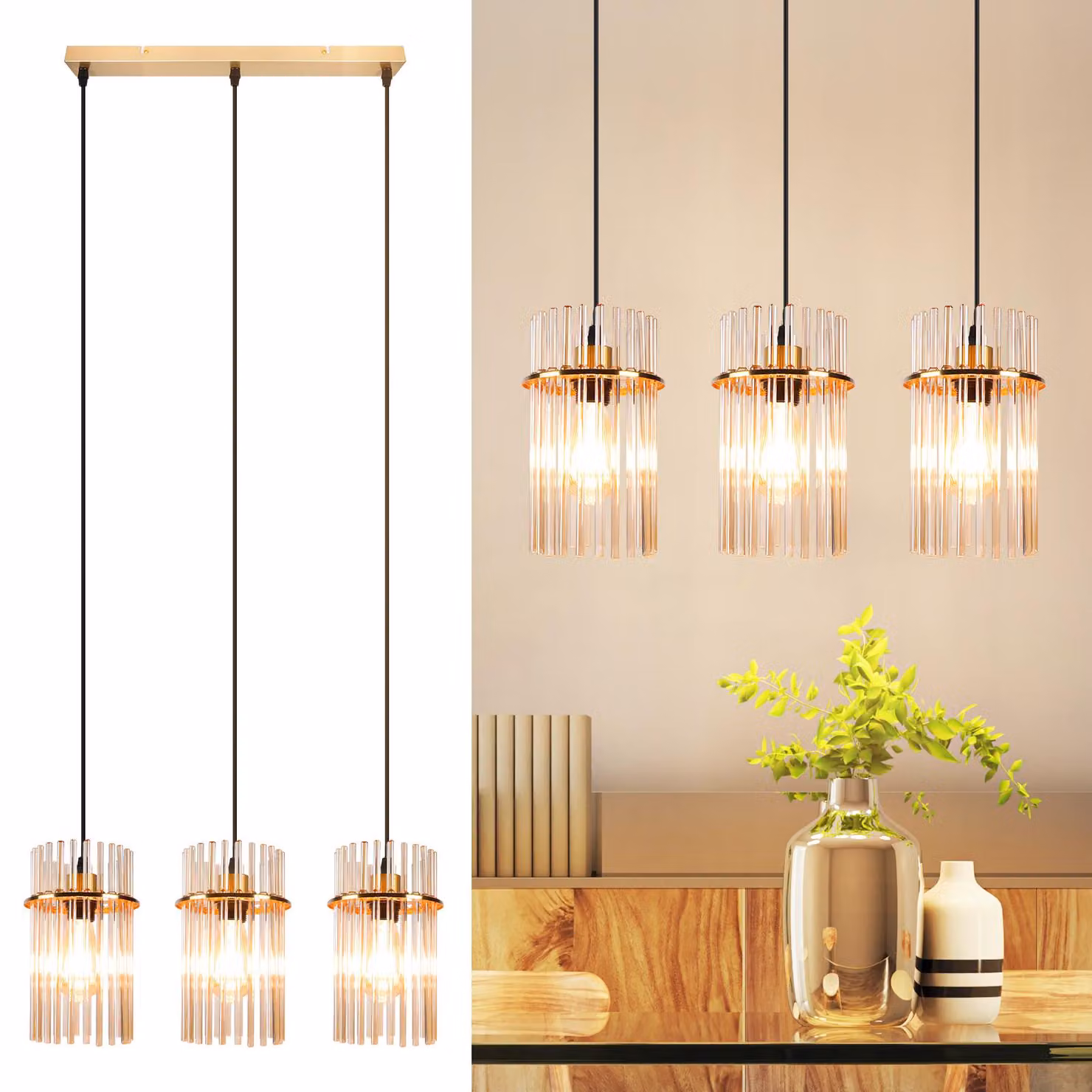 ZMH Lampada a sospensione tavolo da pranzo lampada a sospensione 3 fiamme - luce a sospensione oro E27 vintage sala da pranzo lampada a sospensione da paralume in vetro Ø 16 per cucina bar caffè soggiorno (senza lampadina)
