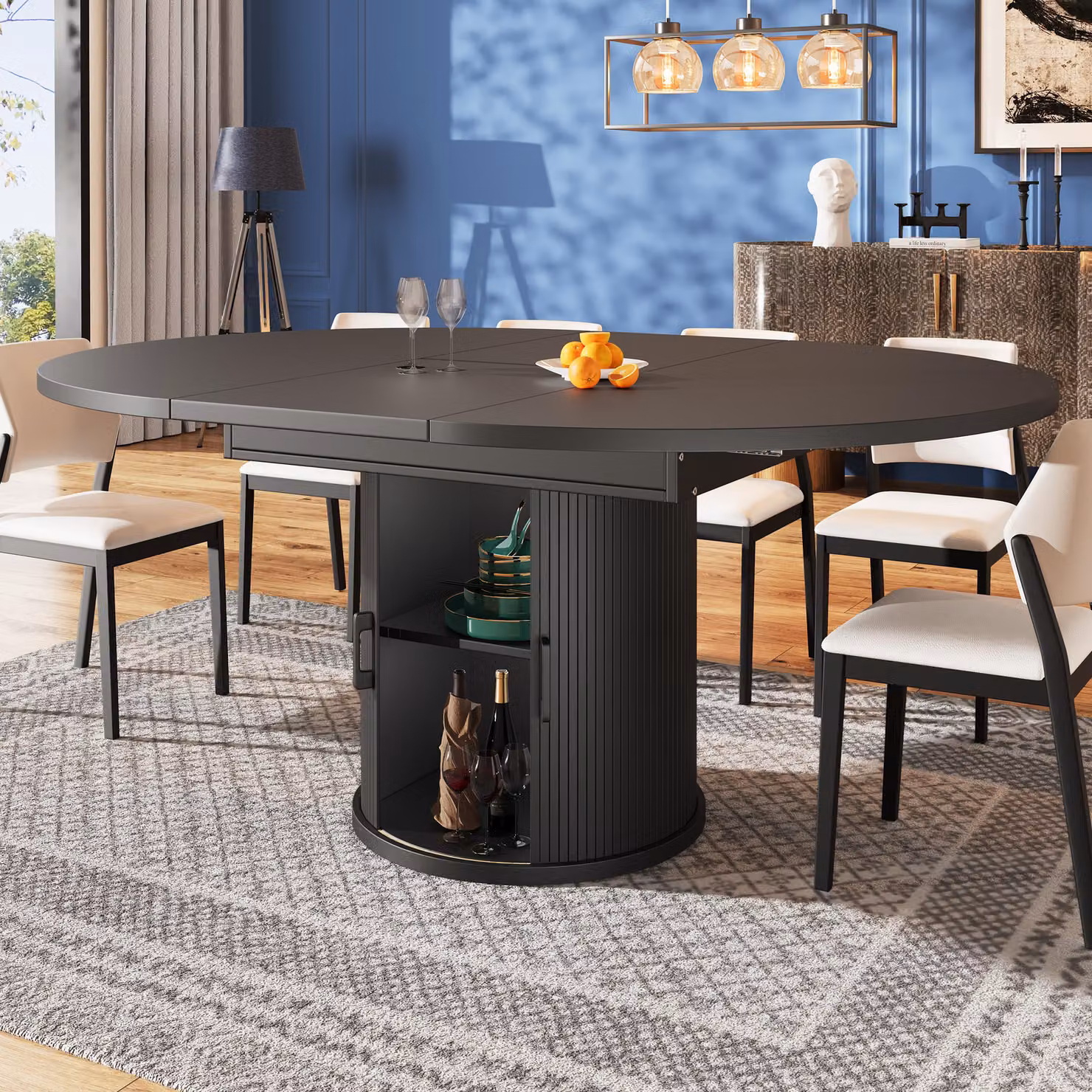 Tavolo da pranzo rotondo Flieks allungabile fino a diventare ovale, tavolo telescopico 118-158x118x76,8 cm, tavolo da cucina con vano portaoggetti e ante scorrevoli, grande tavolo rotondo nero