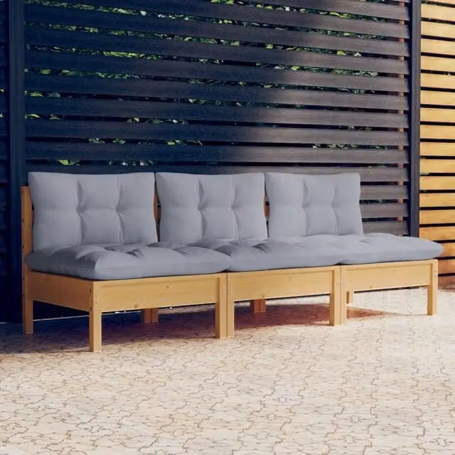 Divano da Giardino a 3 Posti con Cuscini-Sofa da Giardino-Divano da esterno Grigi Massello di Pino 993674
