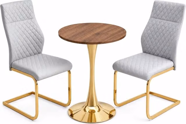 Set tavolo e sedie 60 cm rotondo, MDF effetto noce, 2 sedie grigio chiaro, stile moderno