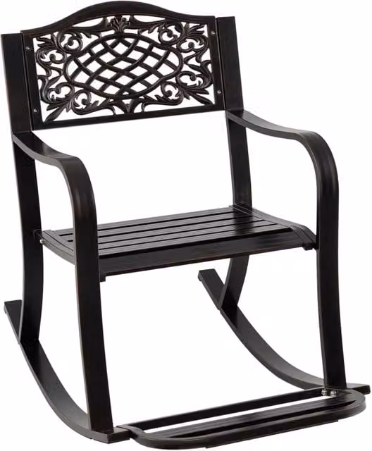 Sedia a Dondolo da Giardino Stile Rustico, Sedia da Esterno in Alluminio con Poggiapiedi, Schienale Decorativo e Braccioli, Dondolo per Giardino e Balcone, 102 x 62,5 x 89 cm, Marrone