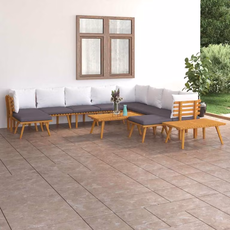 Set di divani da giardino vidaXL 12 pezzi in legno massello di acacia con cuscini e tavolino da esterno in stile rustico, marrone, grigio e bianco
