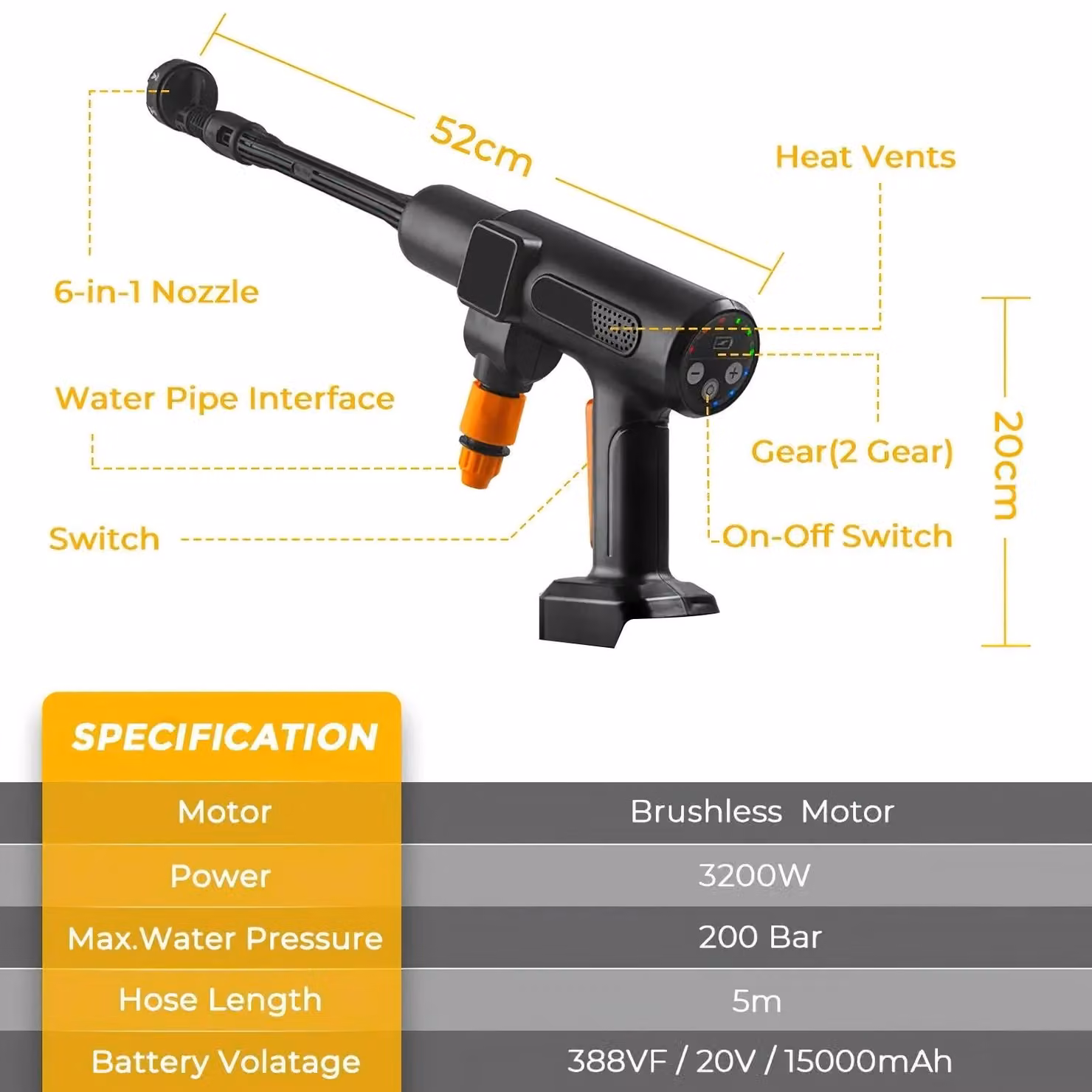 Idropulitrice – Pistola di pulizia senza fili – 3500 W – 200 bar – Con 2 batterie – Adatta per auto e giardino – Portatile