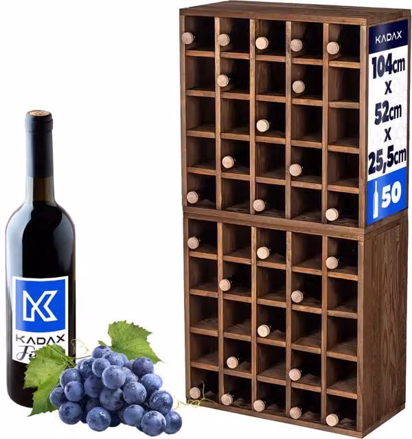 Set da 2 pezzi di portabottiglie KADAX in legno di pino marrone, mobiletto per alcolici con ripiani regolabili e capacità 50 bottiglie, Altezza: 104 cm