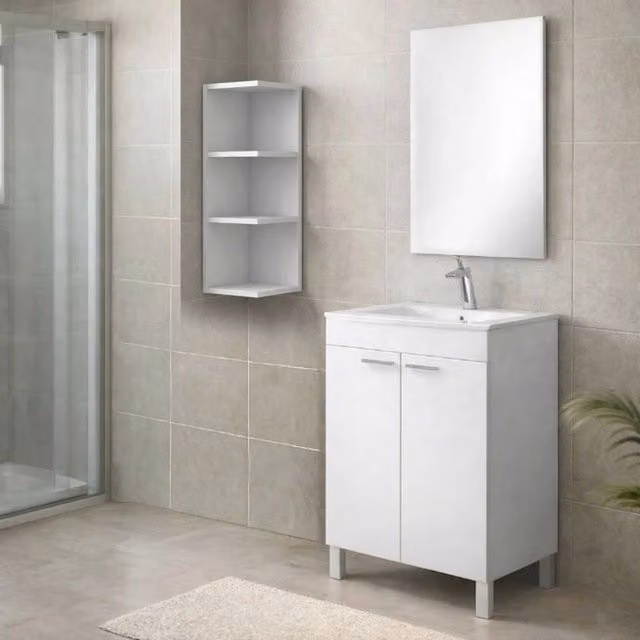 Set Mobili Bagno DMORA Sorrento Bianco Lucido con Mobile Lavabo e Specchio L/P/H: 80 x 60 x 45 cm