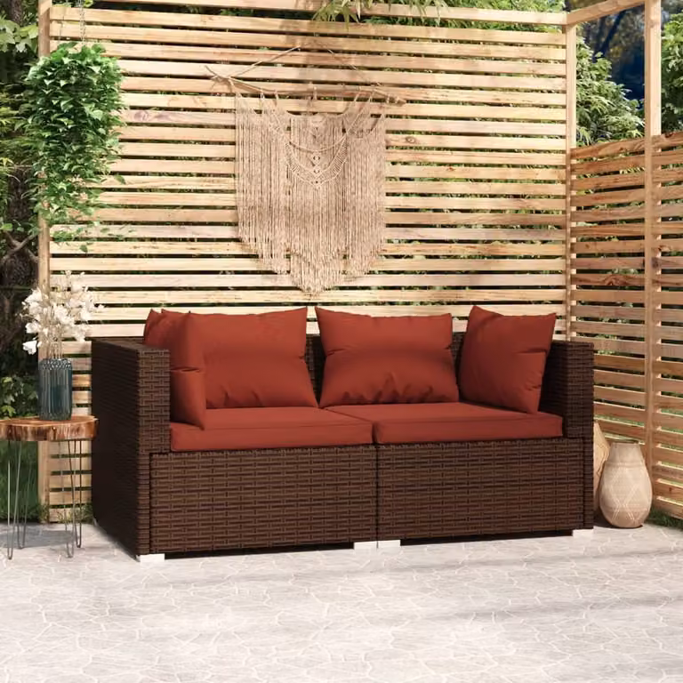 The Living Store Divano a 2 posti con cuscini in poly rattan marrone
