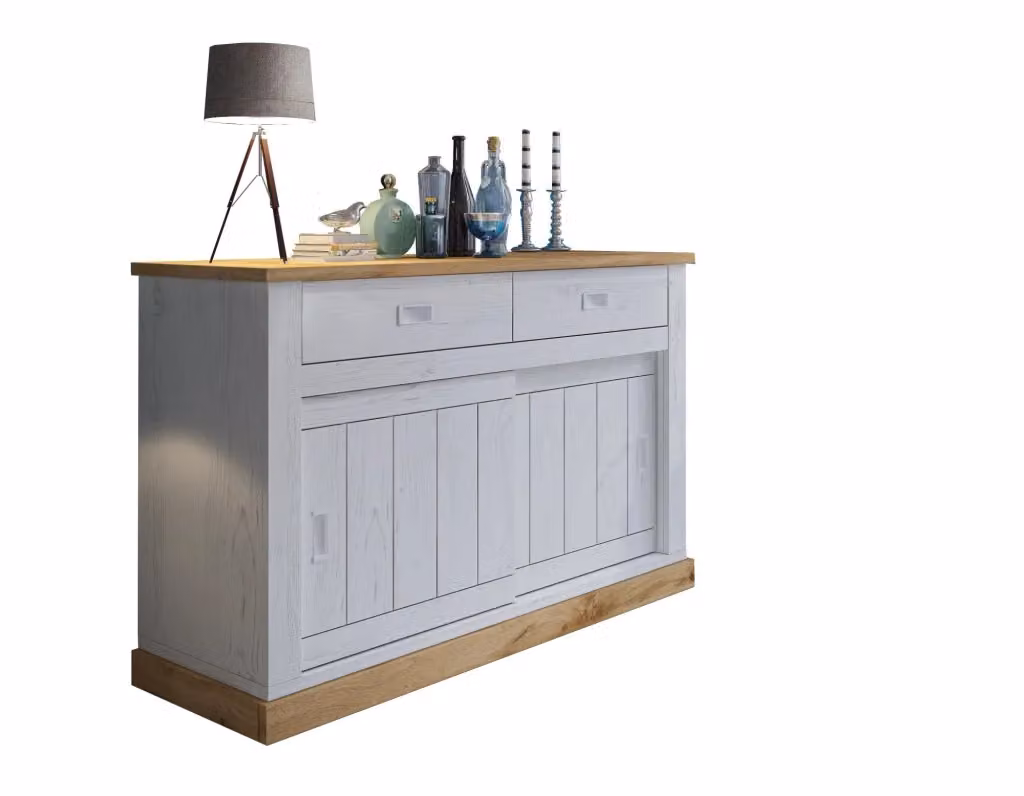 Madia Lupara DMORA, Credenza moderna con 2 cassetti, Bianco e Rovere, L 138 x P 50 x H 95 cm – 2