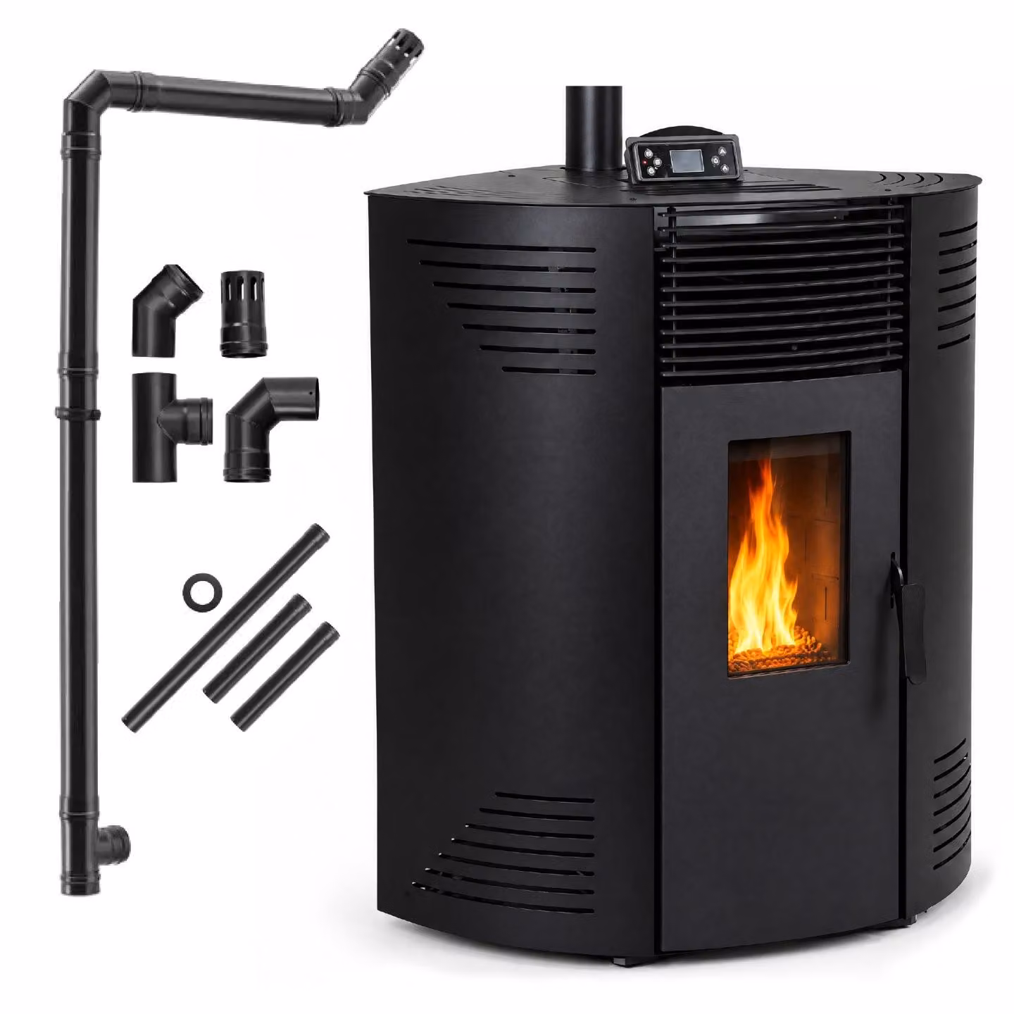 Stufa a pellet DYLAN 10,6 kW angolare fino a 120 m² con WiFi, telecomando e serbatoio da 18 kg