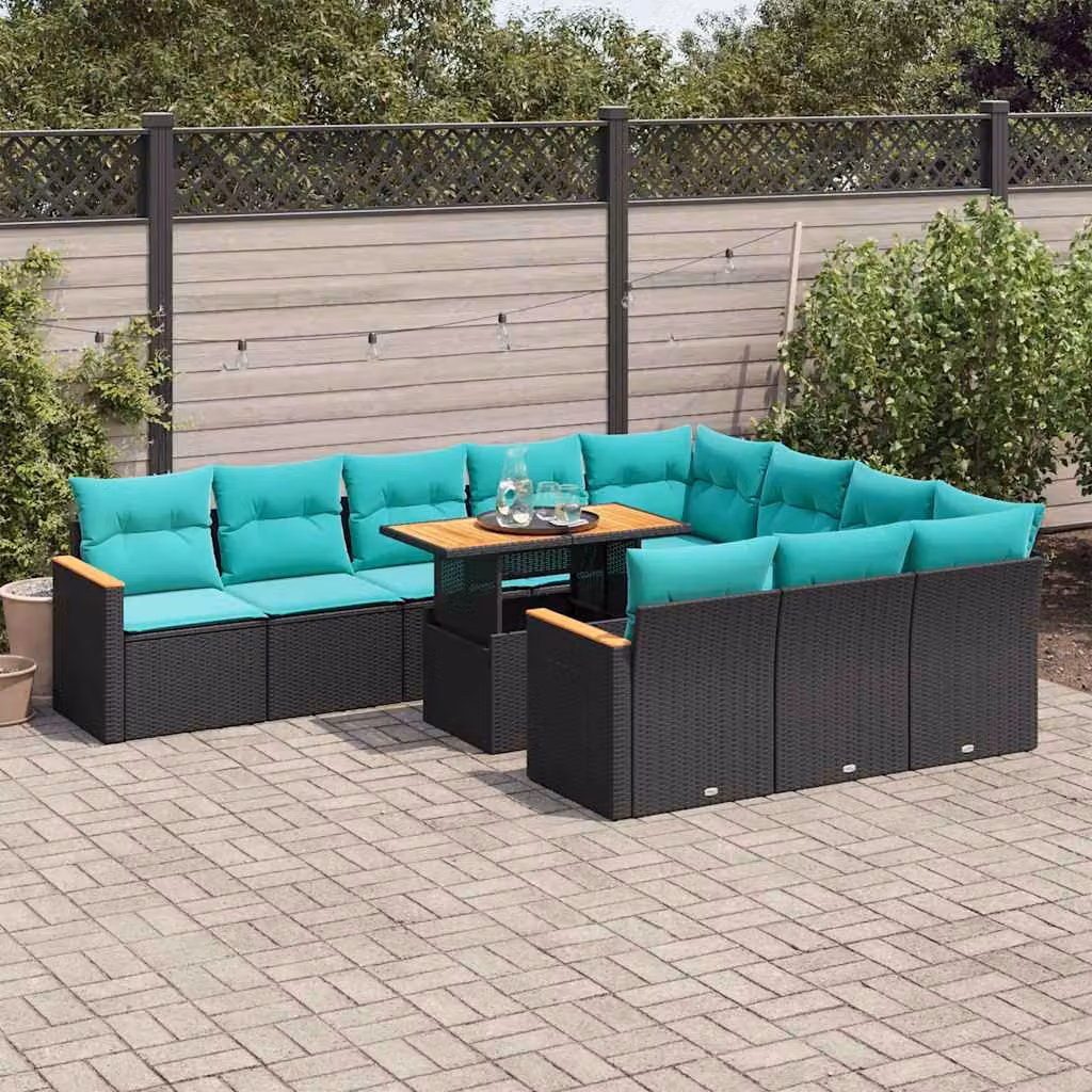 vidaXL Set Divani da Giardino 11 pz in Polyrattan e Legno di Acacia con Cuscini Nero, Blu e Turchese