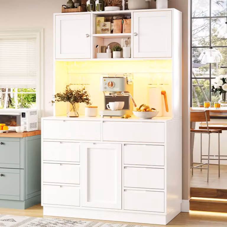 Armadio alto Flieks con illuminazione LED intelligente, mobile da cucina con 8 cassetti, chiusura magnetica, credenza da cucina 120x40x183,5 cm, bianco