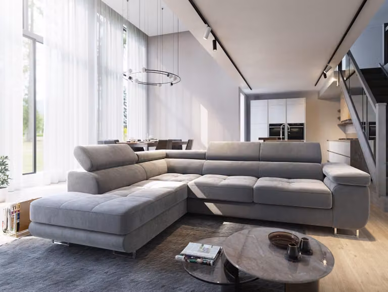 Divano angolare Masseno SELVA L-S con funzione letto a L, divano con box letto, divano da soggiorno, divano, divano letto, set di divani - grigio chiaro, MONOLITH 84