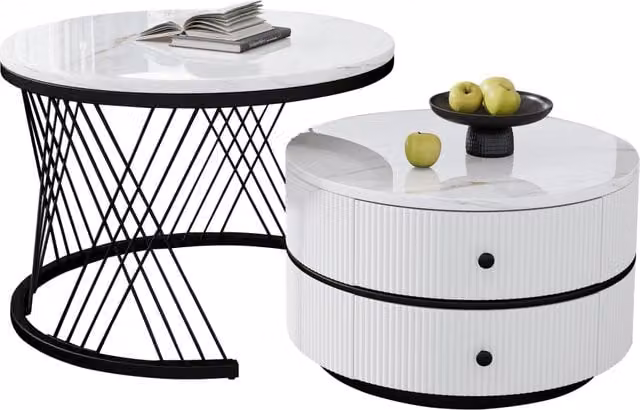 Set di 2 tavolini da caffè rotondi REDOM con effetto marmo bianco e finitura lucida in MDF – 1