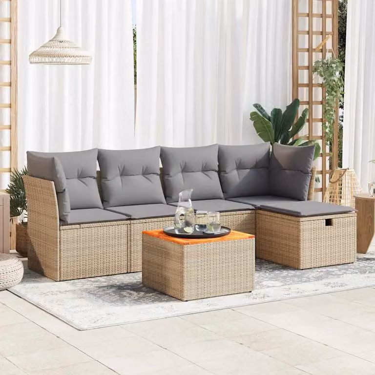 Set Divano da Giardino vidaXL 6 pz in Polyrattan con Cuscini Beige e Tavolino, Design Moderno a L con Struttura in Legno di Acacia