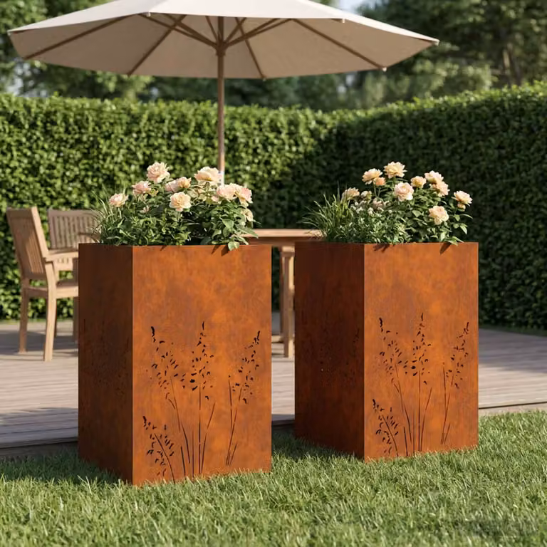 Set di 2 vasi da giardino vidaXL in metallo color marrone L/P/H: 50 x 50 x 75 cm