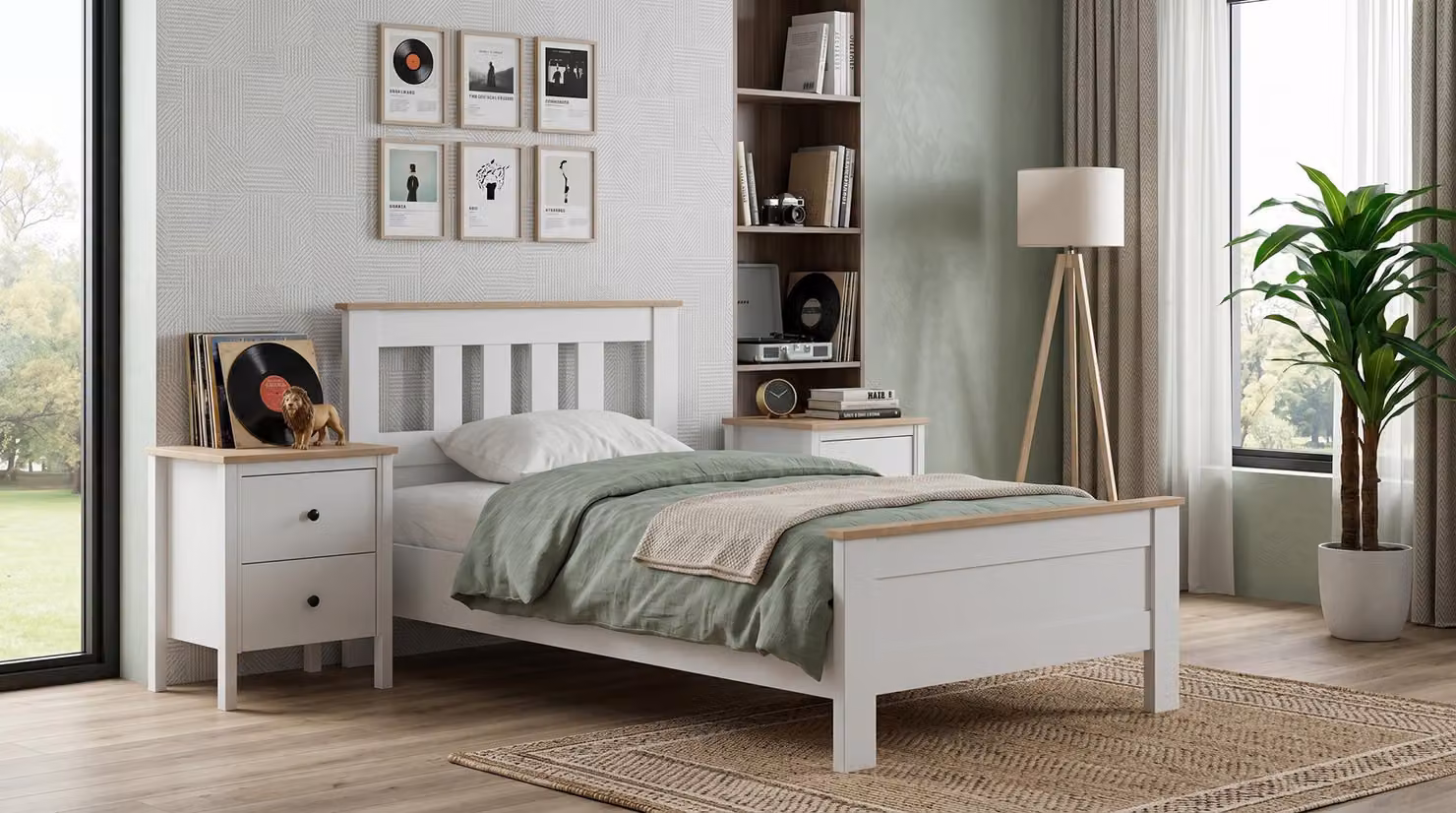 Camera da letto per adolescenti, letto bianco, comodini moderni, stile minimalista