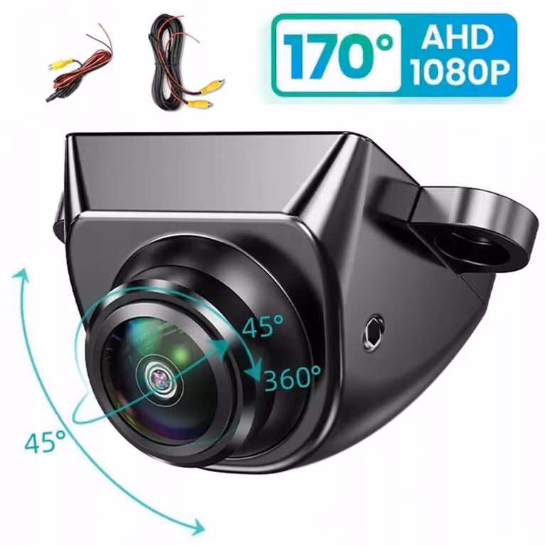 Telecamera per auto - 1080p AHD/CVBS - Ampio angolo di visione di 170° - Visione notturna - Grado di protezione IP68 (resistente all'acqua) - Cavo video da 6 metri - 12–24 V - Colore: nero