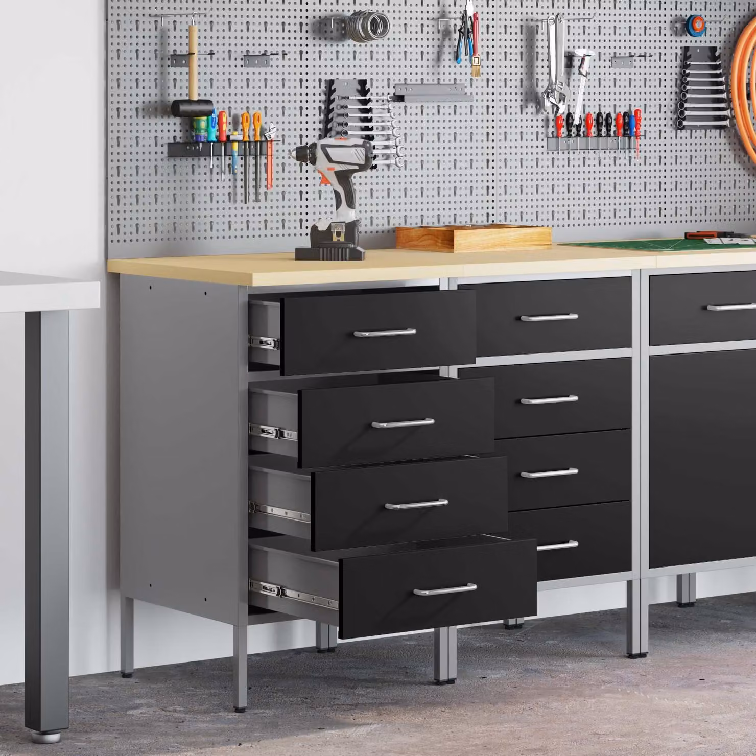 Set di 2 carrelli da lavoro mobili vidaXL in acciaio e legno, Nero e Grigio, L 100 x P 55 x H 85 cm