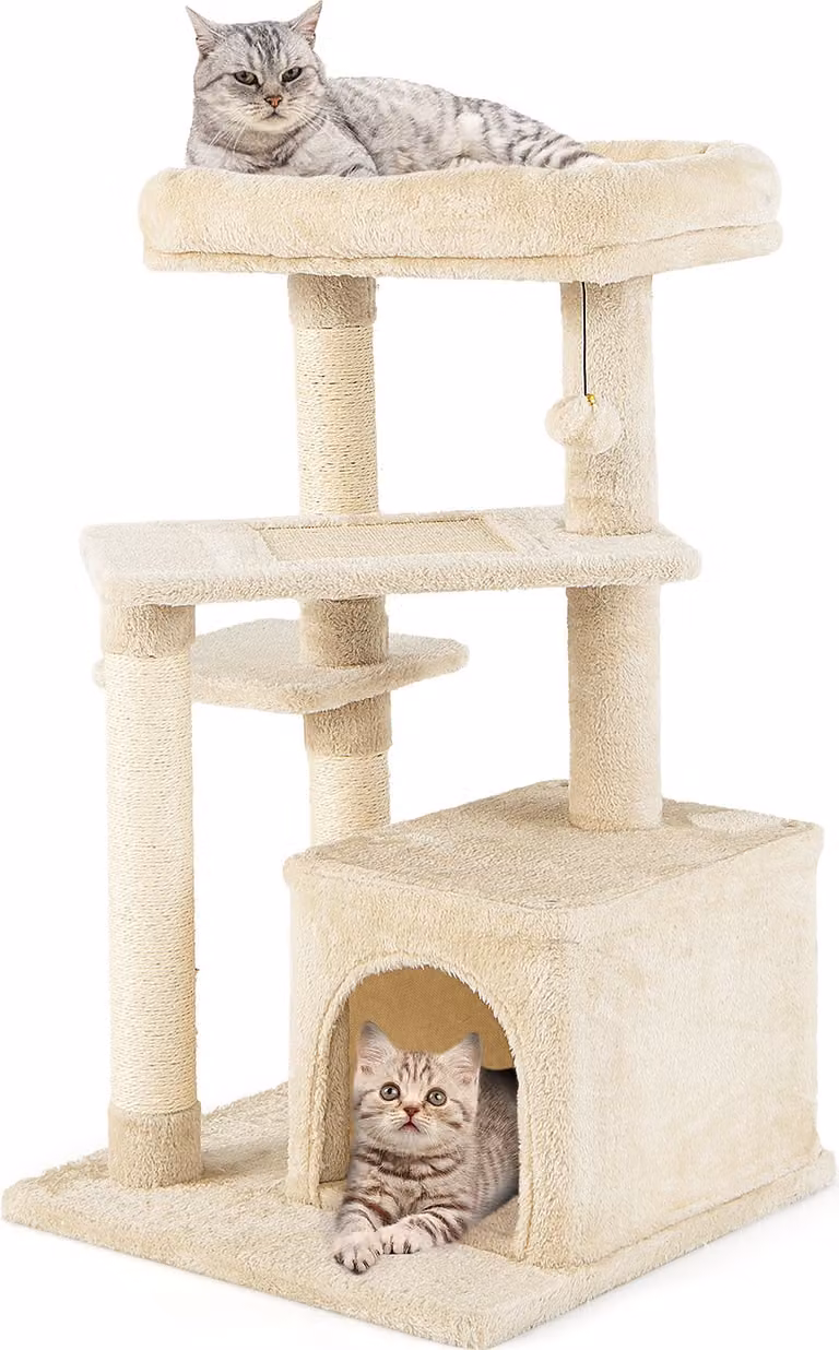 Tiragraffi COSTWAY 85 cm, albero per gatti con grotta per gatti, sedile morbido, pallina e palo in sisal, albero rampicante per gatti in legno beige
