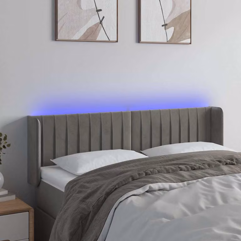 Testiera per letto vidaXL in velluto grigio con illuminazione LED e porta USB, L 147 x P 16 x H 78/88 cm