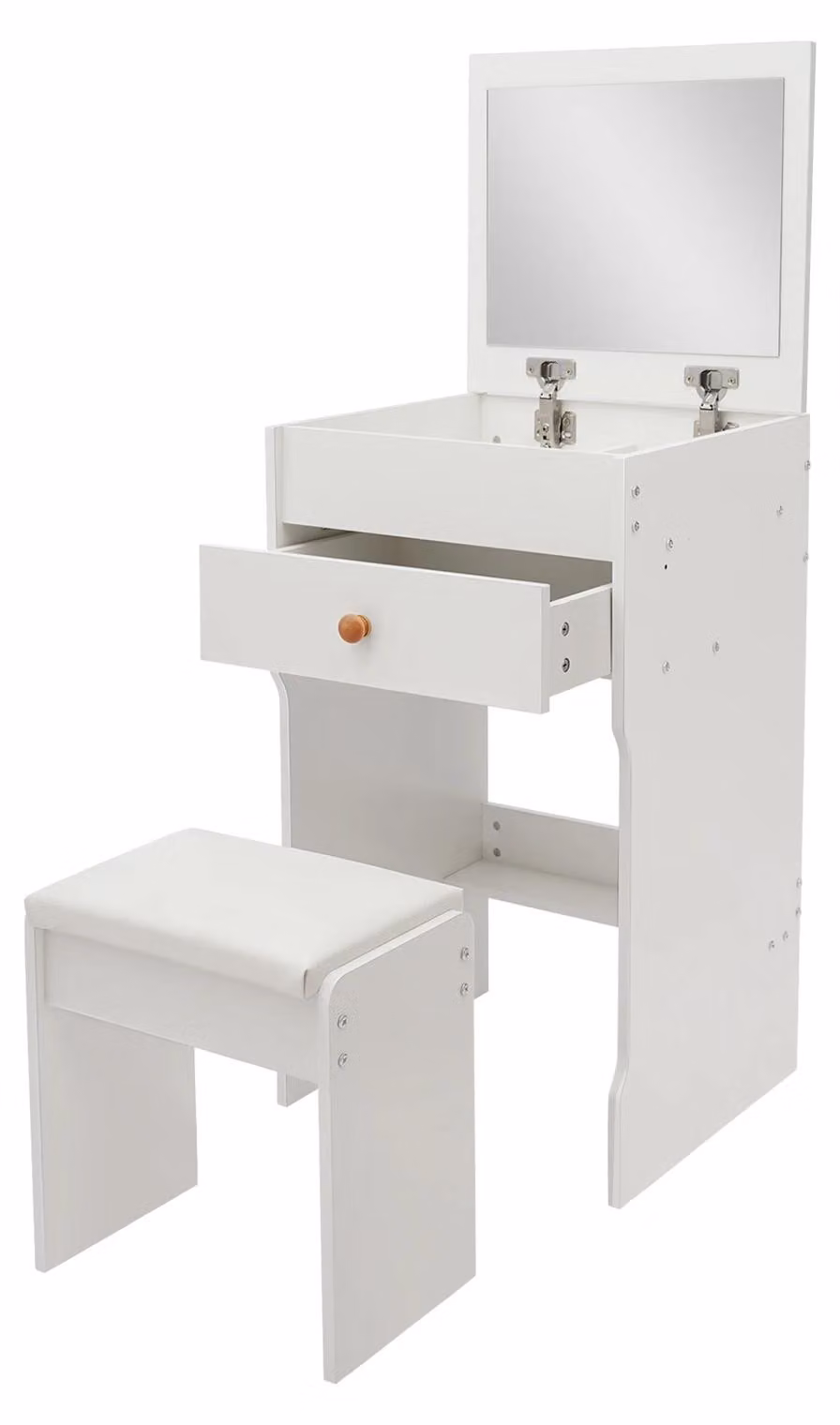 Comò da trucco con sgabello - Tavolino da trucco - Salvaspazio - Piano pieghevole con specchio integrato - Spazio di stoccaggio per cosmetici e accessori - Montaggio semplice - Capacità di carico: 90 kg