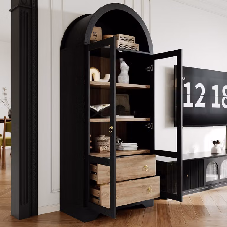 Mobiletto contenitore MODFU con design curvo, pensile da cucina con ante in vetro, vetrina buffet con 2 cassetti e spazio contenitivo, colore nero, dimensioni 76x40x180 cm