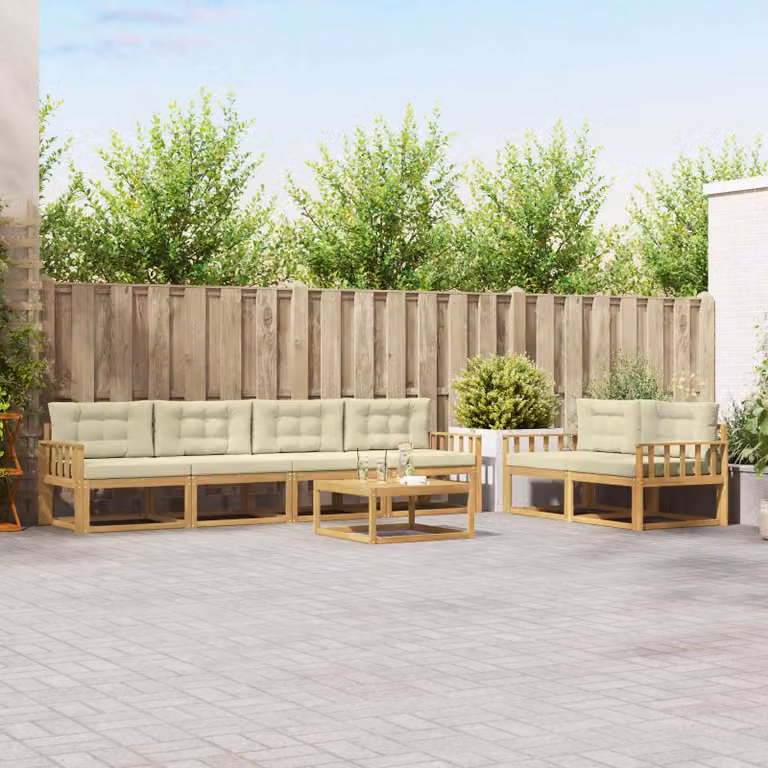 Set di divani da esterno vidaXL in legno di acacia con cuscini, composizione a L, Bianco e Beige