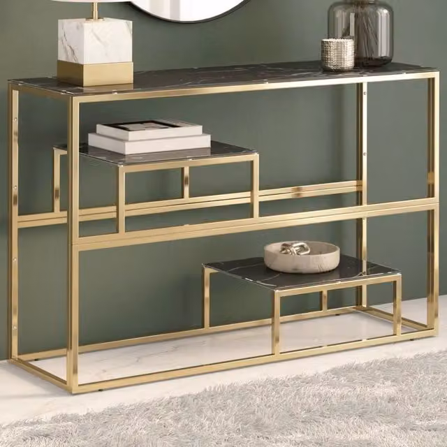 Tavolino Consolle Moderno vidaXL in Vetro e Metallo Oro e Nero con Top Rettangolari Annidabili – 1