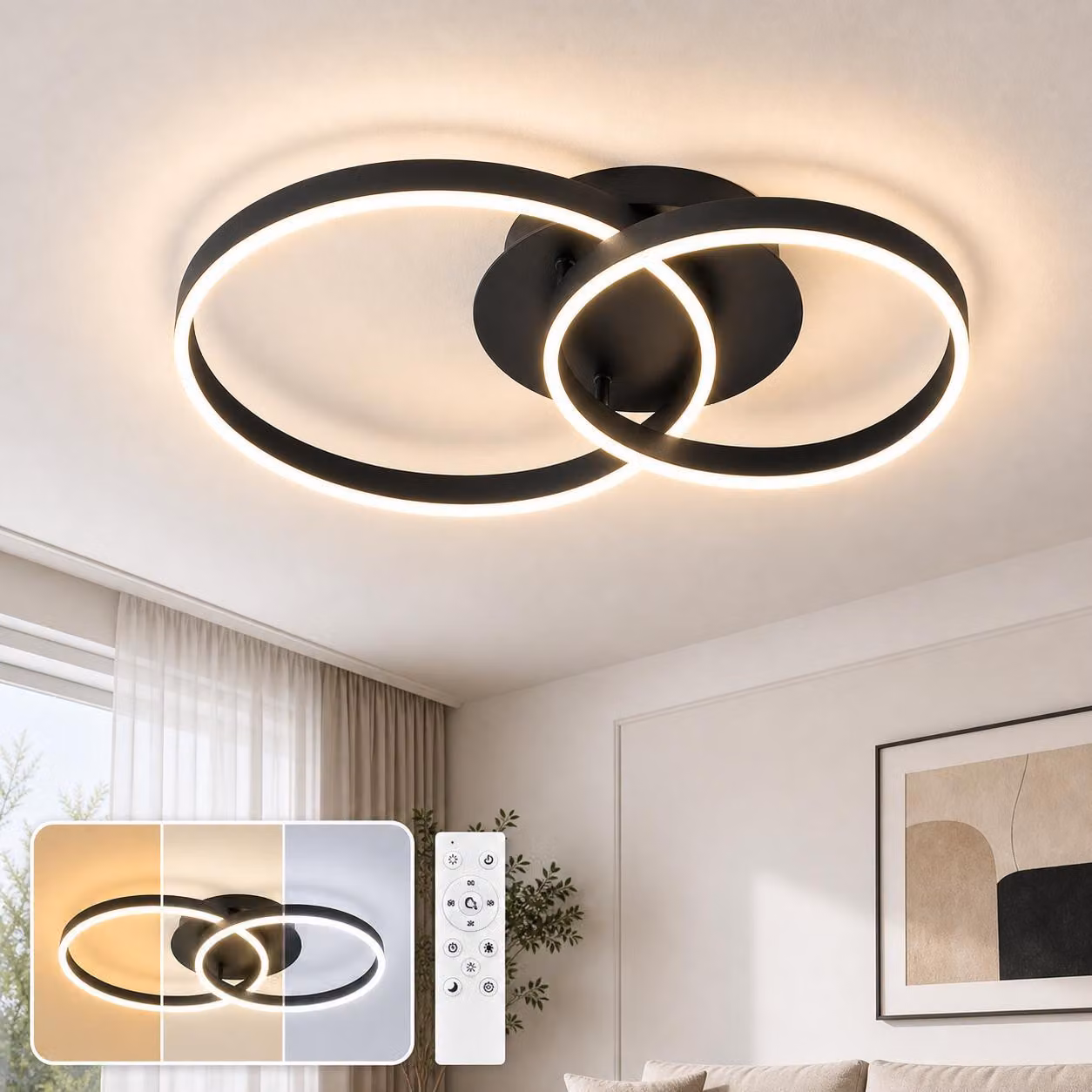 ZMH LED plafoniera 45W dimmerabile con telecomando lampada a soffitto 2 anelli luce interna per soggiorno camera da letto cucina ufficio studio nero