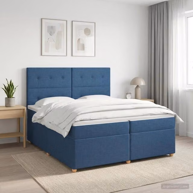 Letto box spring con materasso ibrido vidaXL in tessuto blu e bianco L/P: 200 x 200 cm