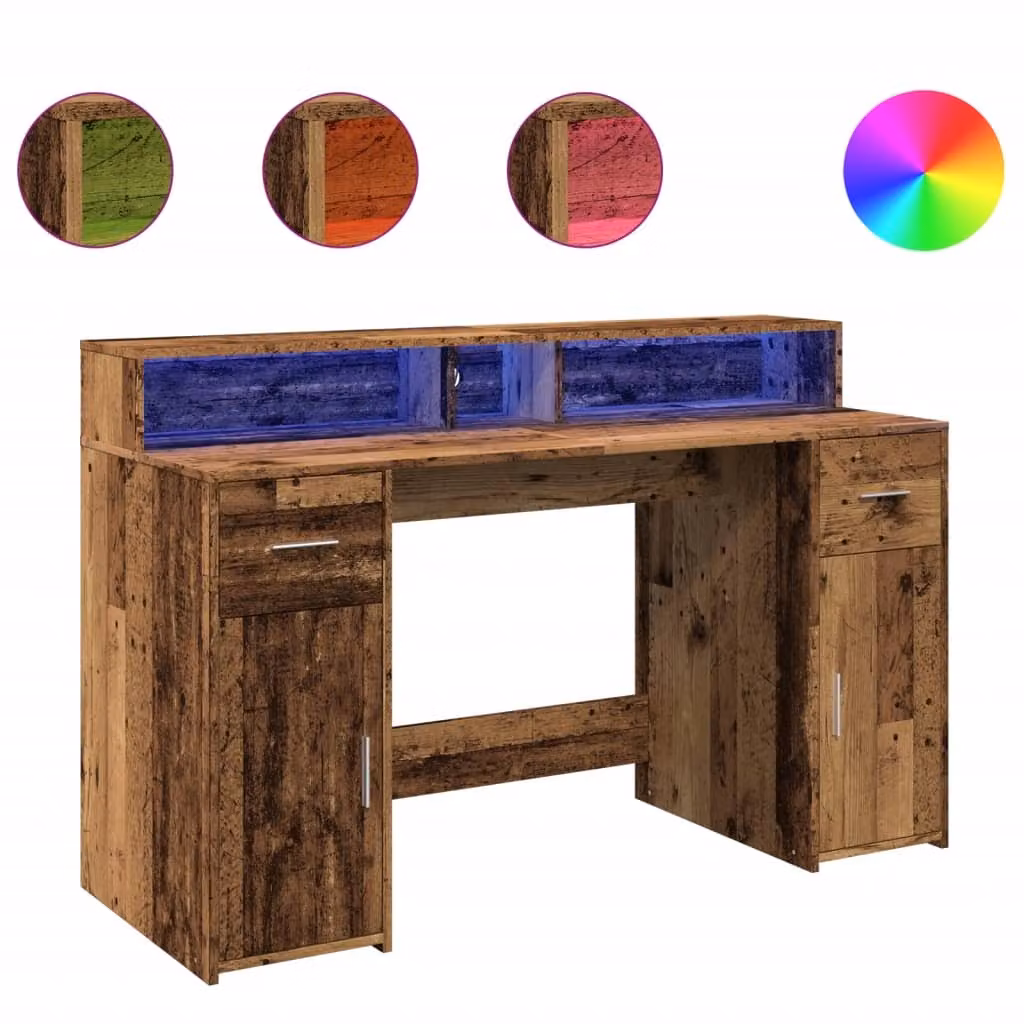 Scrivania con Luci LED Legno Antico 140x55x91 cm in Multistrato